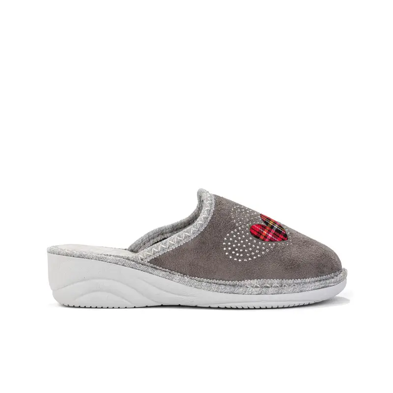 Ciabatte donna grigie da casa con cuori e zeppina