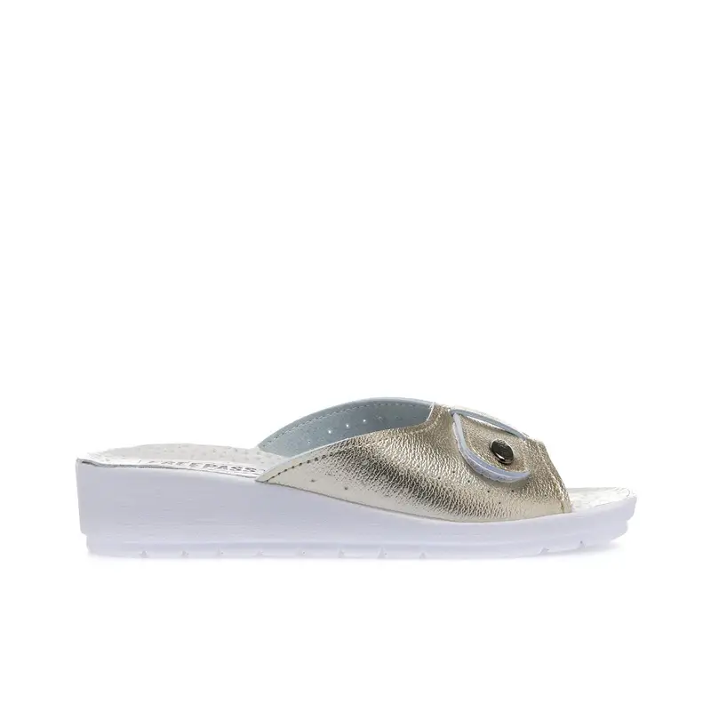 Ciabatte sanitarie da donna bianche e oro con fibbia