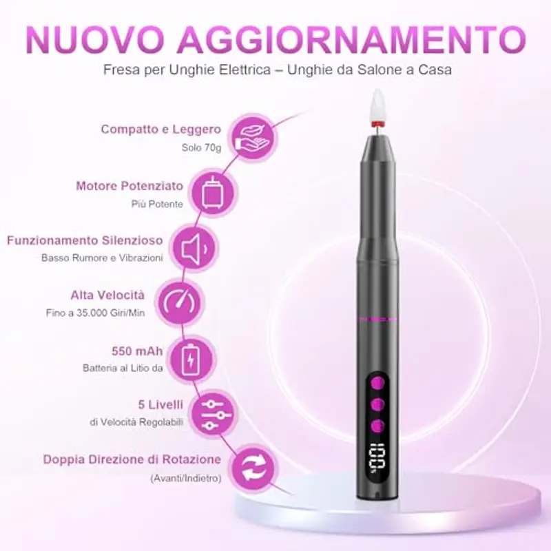 Fresa per Unghie Professionale – 12 in 1 Trapano Unghie Elettrico 35000 RPM con Display LCD, 5 Velocità Regolabili, Per Unghie in Gel e Acrilico, Manicure e Pedicure a Casa o Salone miniatura 2
