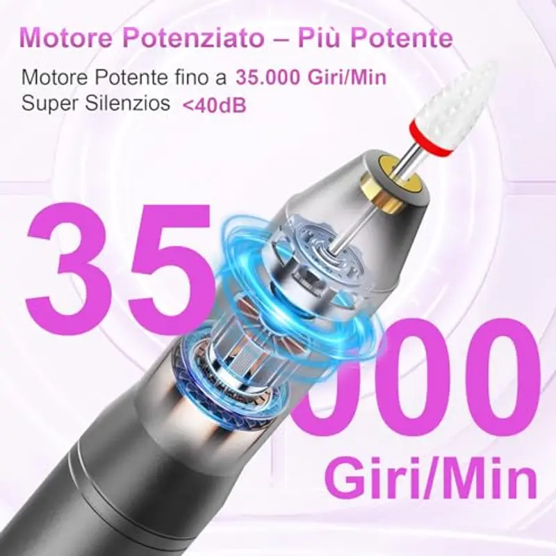 Fresa per Unghie Professionale – 12 in 1 Trapano Unghie Elettrico 35000 RPM con Display LCD, 5 Velocità Regolabili, Per Unghie in Gel e Acrilico, Manicure e Pedicure a Casa o Salone miniatura 3