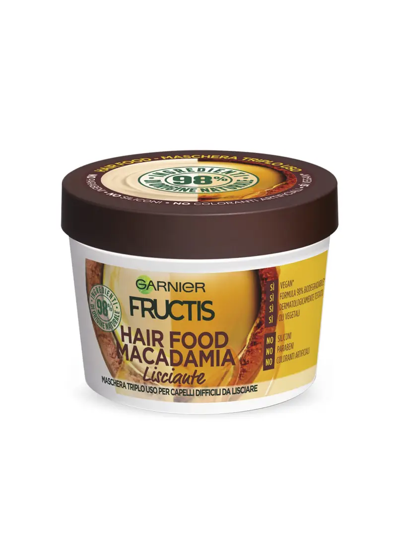 Garnier Maschera Lisciante Fructis Hair Food, Maschera Disciplinante 3in1 Con Formula Vegana Per Capelli Difficili Da Lisciare, Macadamia, 390 Ml , Donna, Bianco