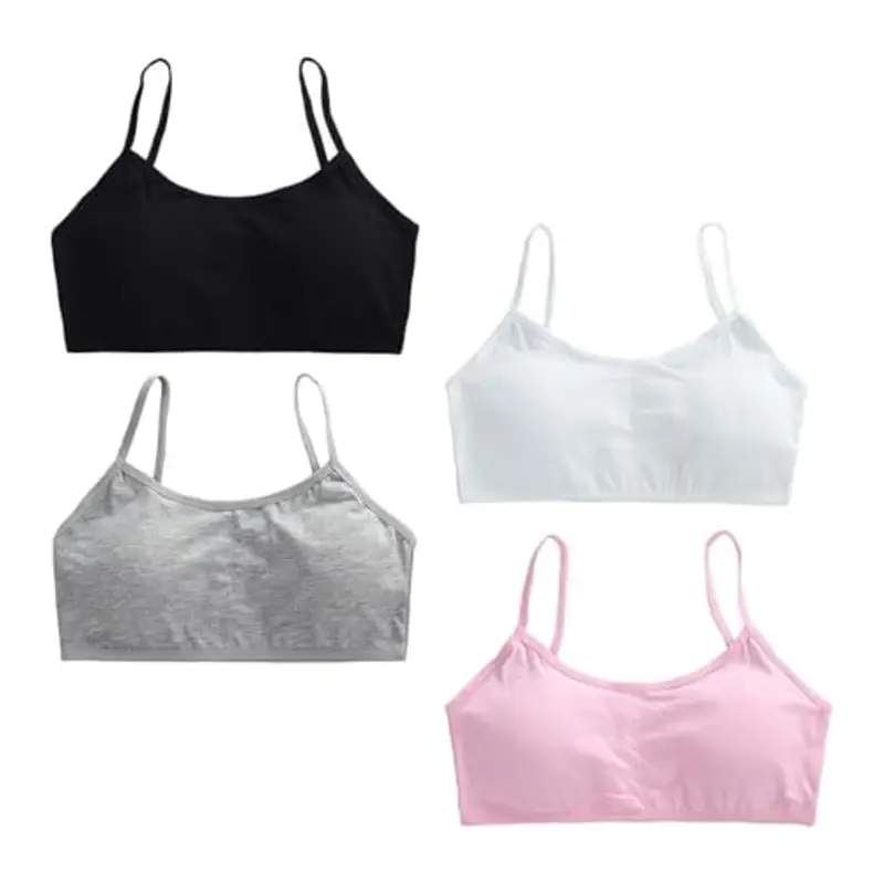 FUIPVGI 4 PCS Bustier per Ragazze Reggiseno da Allenamento Ragazze Cotone Adolescenti Bambine Sportivo con Schiena Spalline Spaghetti per 8-14 Anni (IT, età, Taglia Unica, Regular, 4 PCS)