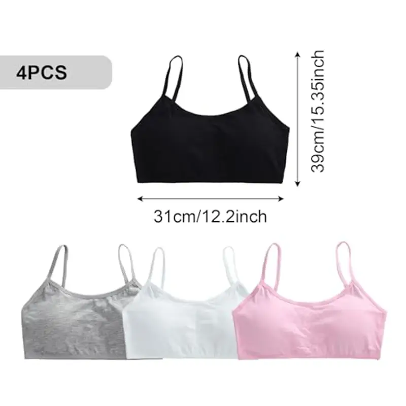 FUIPVGI 4 PCS Bustier per Ragazze Reggiseno da Allenamento Ragazze Cotone Adolescenti Bambine Sportivo con Schiena Spalline Spaghetti per 8-14 Anni (IT, età, Taglia Unica, Regular, 4 PCS) miniatura 3