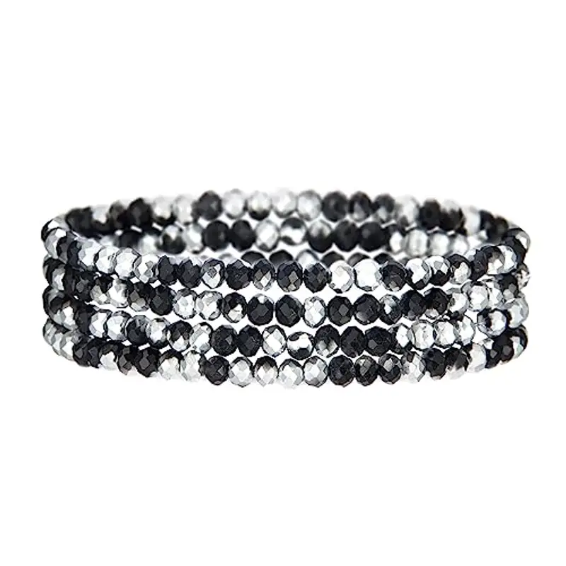 FULU AUTUMN Bracciale Donna Bohemien con Perle di Cristallo Multistrato Braccialetti con Perline Elastico Impilabili Gioielli Moda Estivi Regalo San Valentino per Lei(Black and Silver)