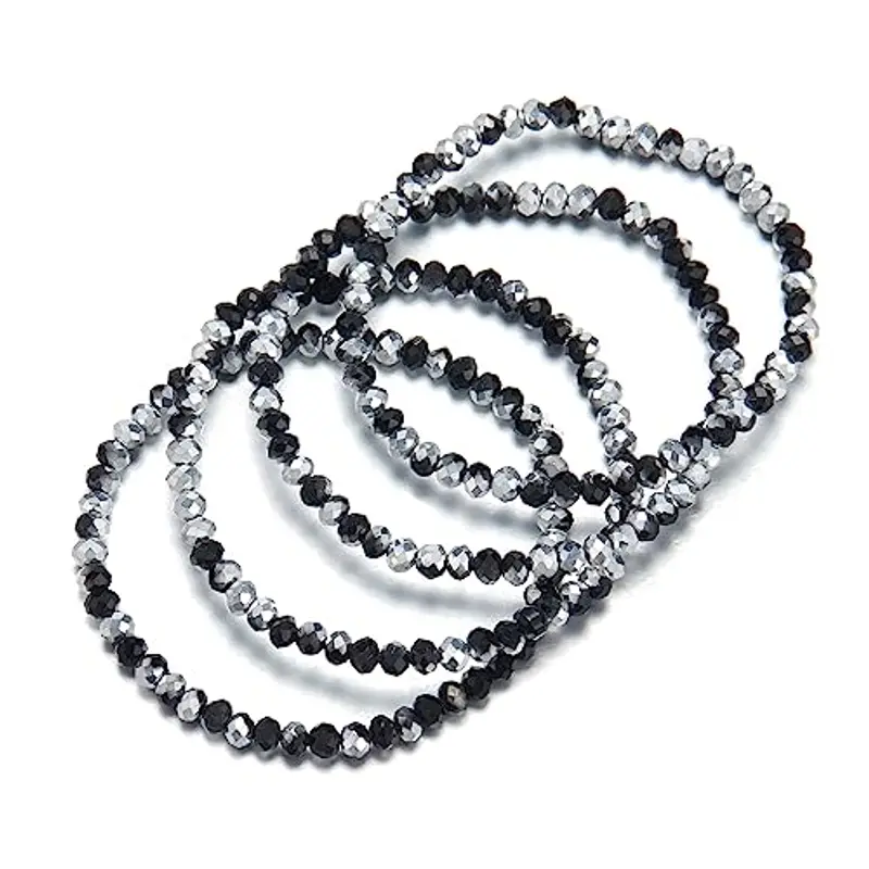 FULU AUTUMN Bracciale Donna Bohemien con Perle di Cristallo Multistrato Braccialetti con Perline Elastico Impilabili Gioielli Moda Estivi Regalo San Valentino per Lei(Black and Silver) miniatura 2