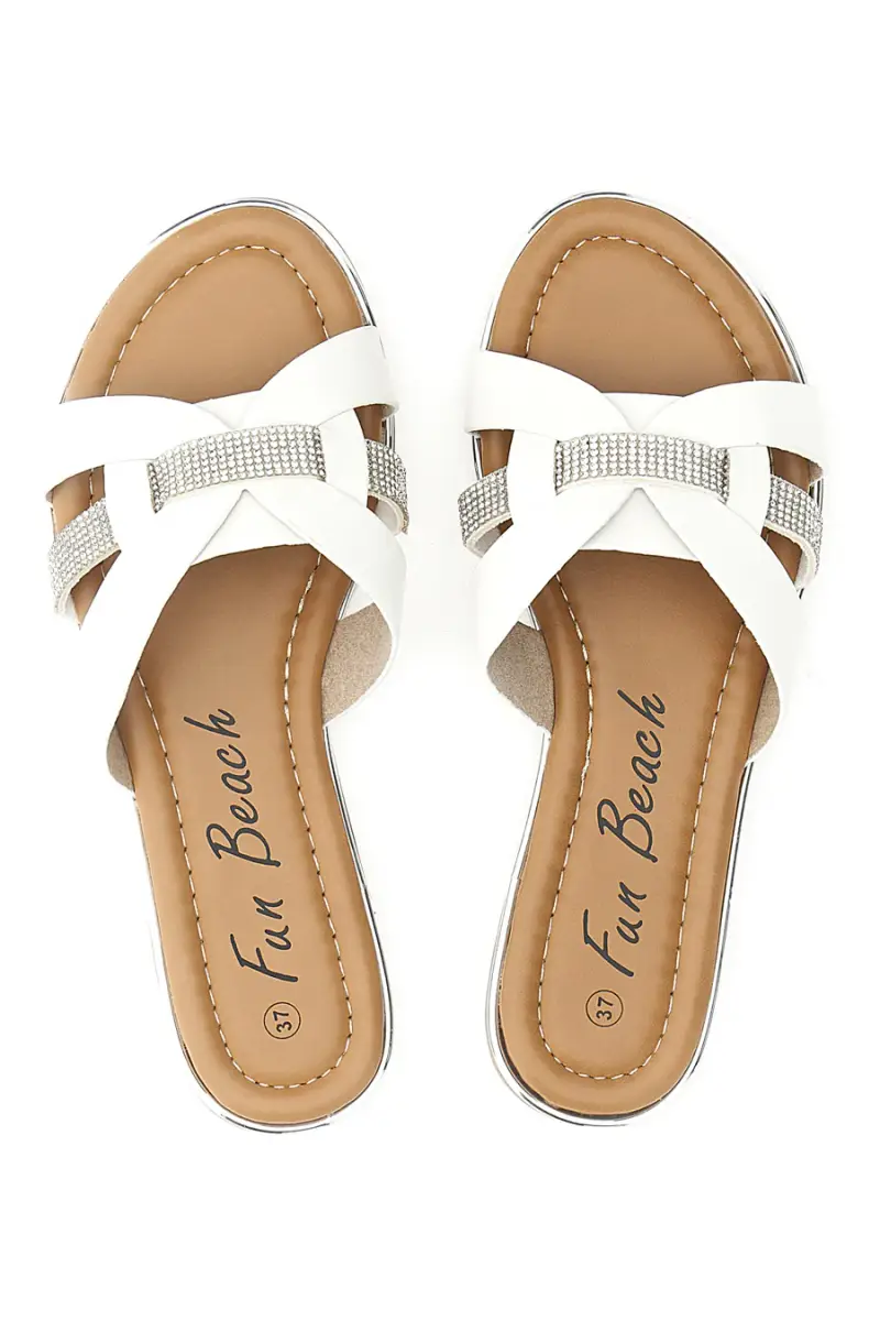 Ciabatte bianche con fasce incrociate e strass Fun Beach 14217 [BIANCO]