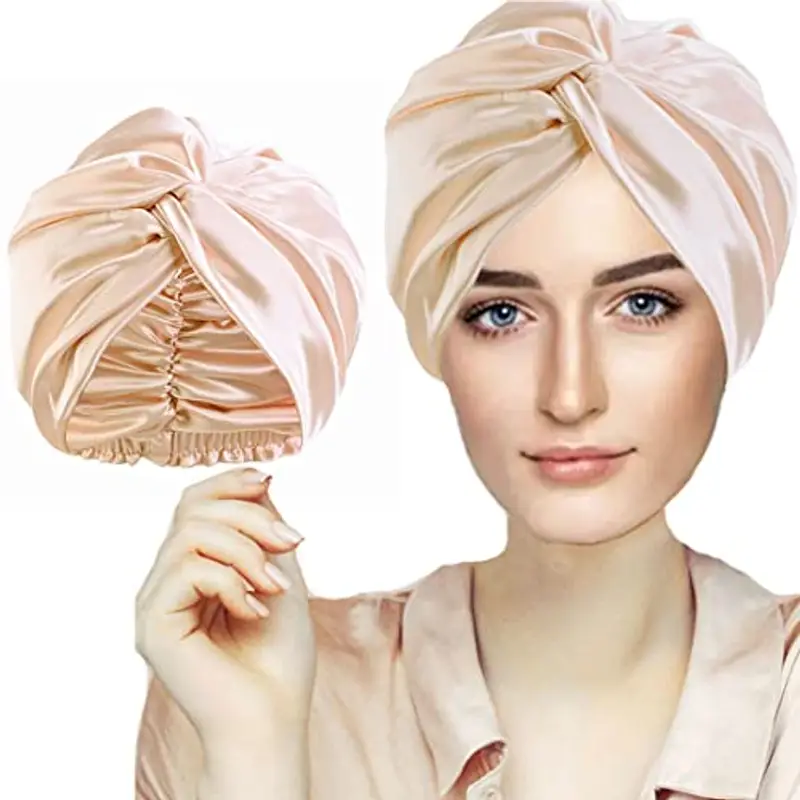 FZHGVML Cuffia Seta Capelli Ricci, Cuffia Capelli Ricci Notte per Dormire, Doppio Strato Cuffia di Seta per la Notte Capelli Ricci, Abbina Fascia Elastica Forte Applicare al Lavaggio, Trucco