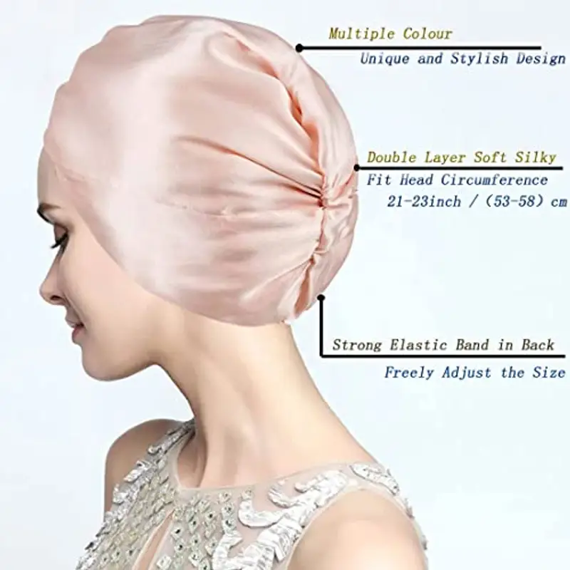 FZHGVML Cuffia Seta Capelli Ricci, Cuffia Capelli Ricci Notte per Dormire, Doppio Strato Cuffia di Seta per la Notte Capelli Ricci, Abbina Fascia Elastica Forte Applicare al Lavaggio, Trucco miniatura 3