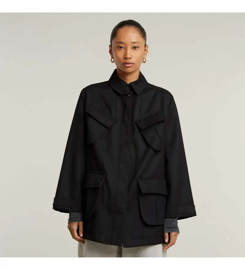 per donna D15160-C631-6484 Giacca da campo a trapezio nera scalpello (XXS), Nero, Casual, Sostenibile, Lana Riciclata