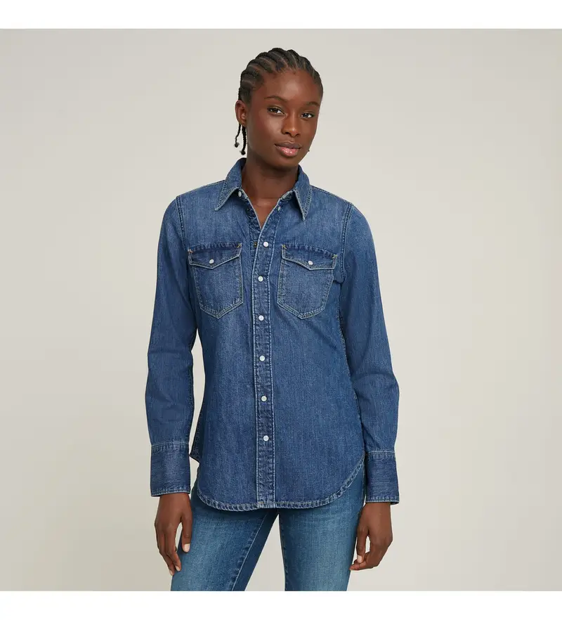 per donna D24343-D252-G310 Camicia western slim blu (XS), Casual, Cotone, Denim, Manica lunga