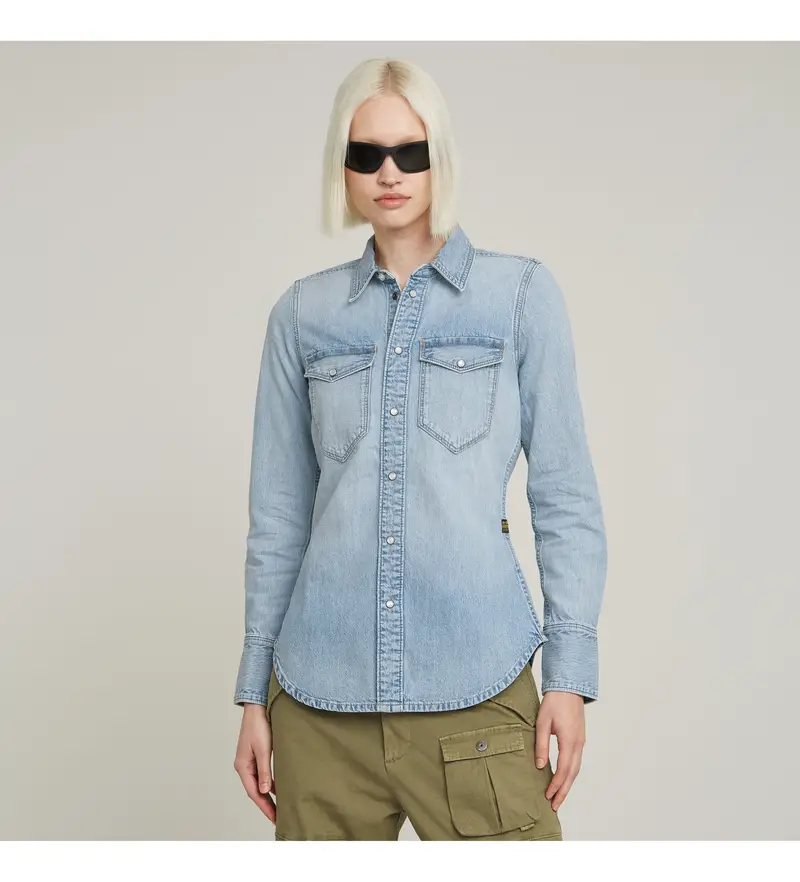 per donna D24343-D539-G342 Camicia western slim blu (XS), Casual, Cotone, Denim, Manica lunga