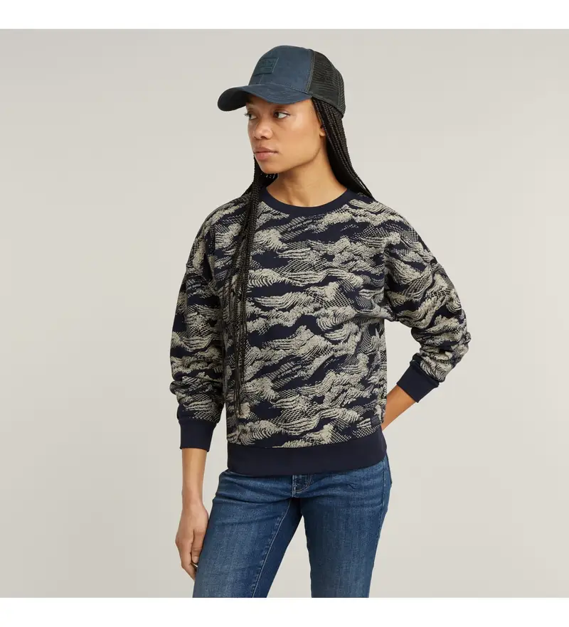 per donna D25169-D865-G984 Felpa ampia AOP in pizzo blu scuro (XS), Casual, Cotone biologico, Sostenibile, Navy