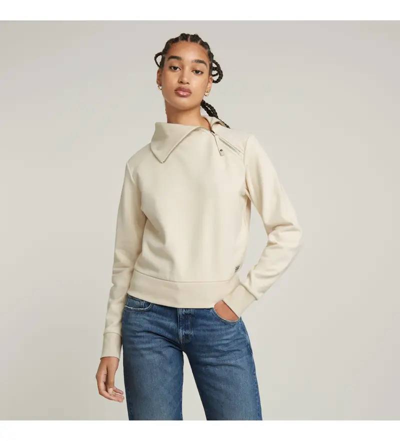 per donna D25303-D704-127 Maglione aderente con zip asimmetrica beige (XS), Casual, Cotone biologico, Sostenibile