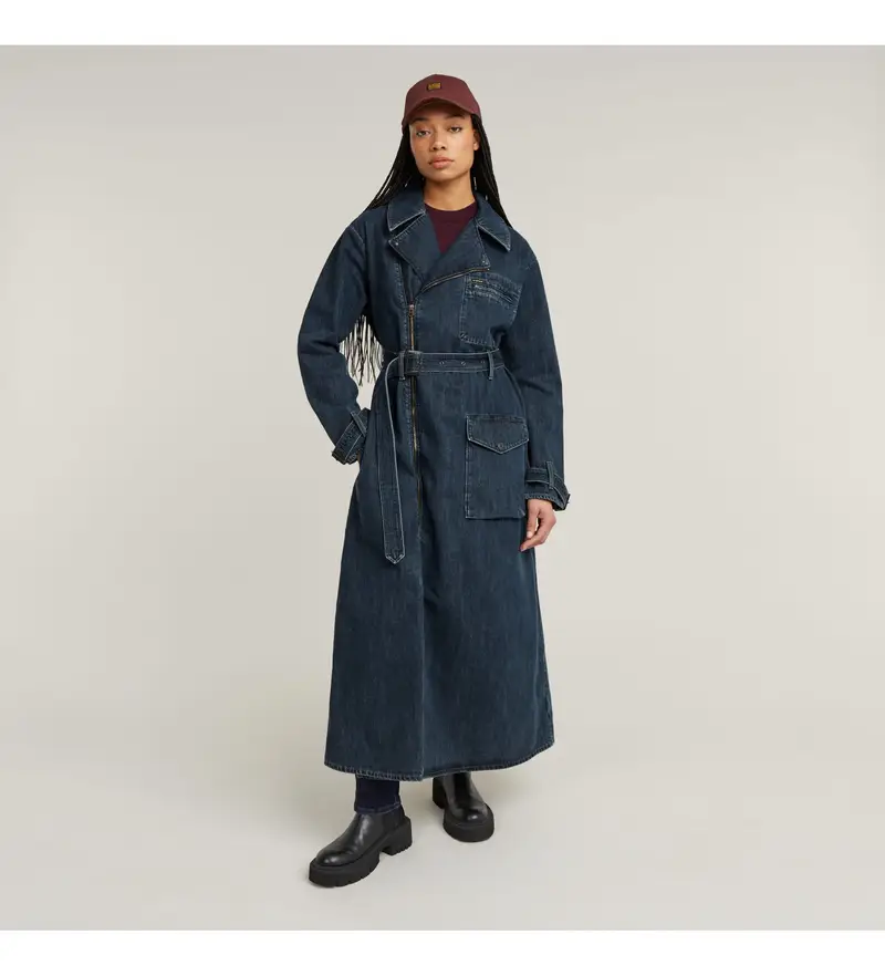 G-star Giacca da motociclista lunga blu scuro donna in cotone e denim