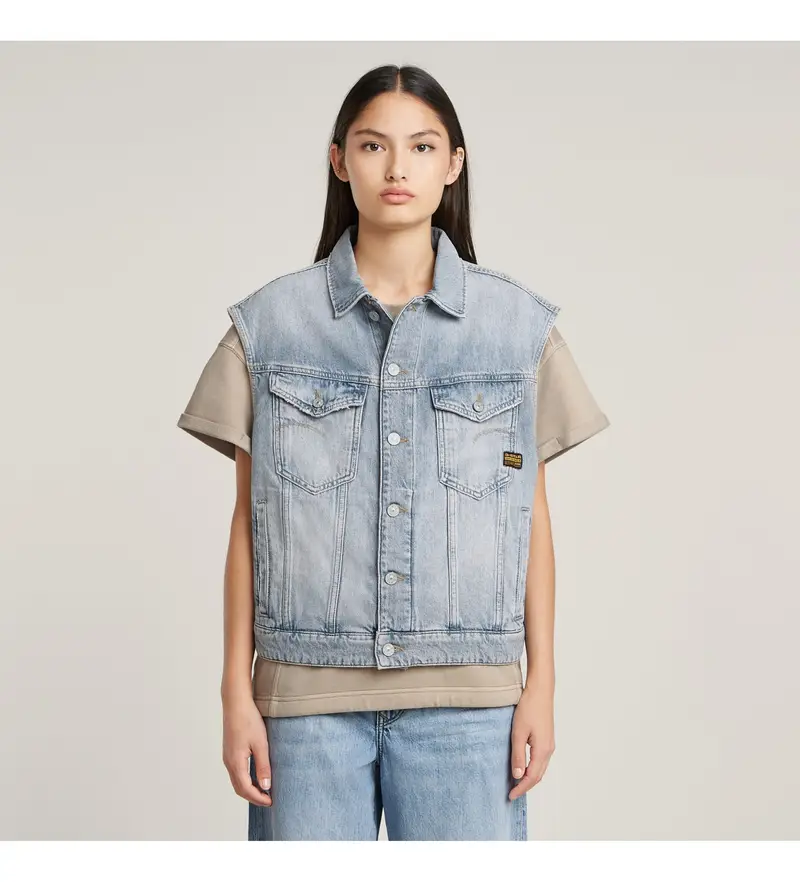 per donna D26291-D943-H133 Giacca in denim blu rilassata (XS), Casual, Cotone, Senza maniche / cinghie