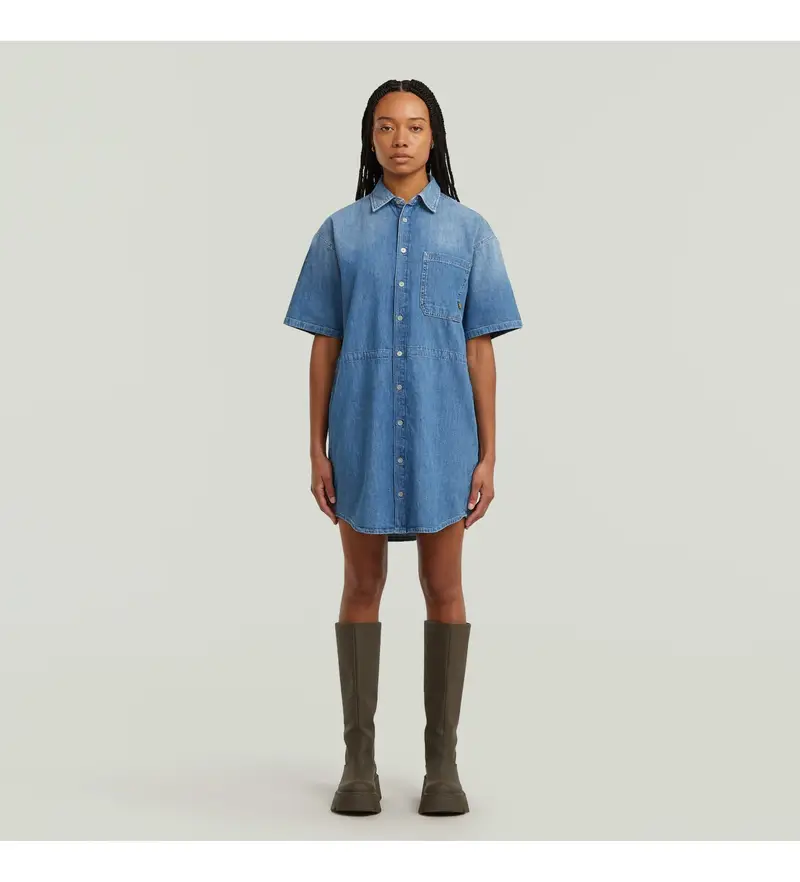 per donna D26628-D946-H166 Abito blu con coulisse rilassato (XS), Casual, Denim, Manica corta, Cotone biologico, Sostenibile