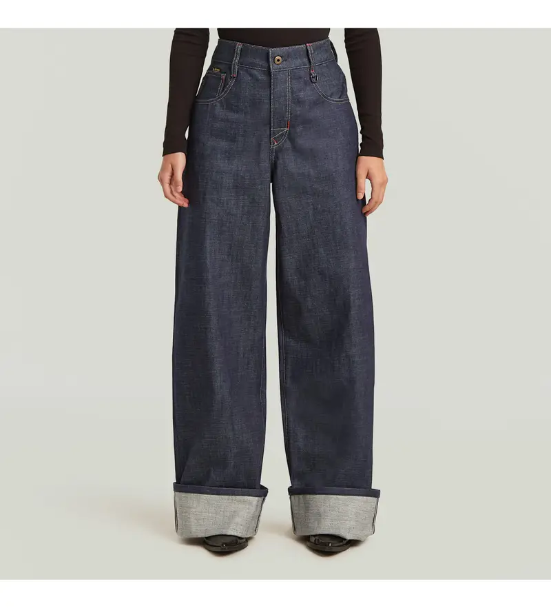 per donna D27145-D945-001 Pantaloni skater larghi e alti con cimosa blu navy (24/30), Casual, Cotone, Denim