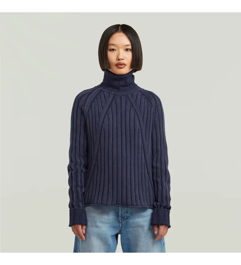 per donna D27172-D630-H193 Maglione blu navy a collo alto e largo lavato (XS), Casual, Cotone, Manica lunga