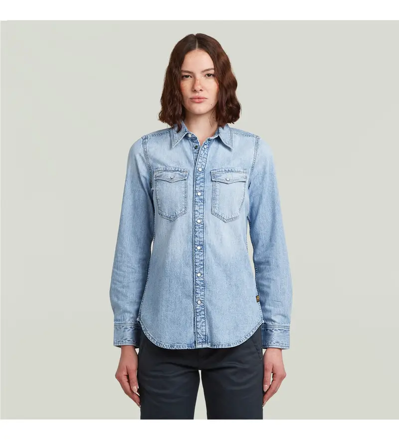 per donna D27714-D539-G342 Camicia Slim Western azzurra (XS), Blu, Casual, Cotone, Manica lunga