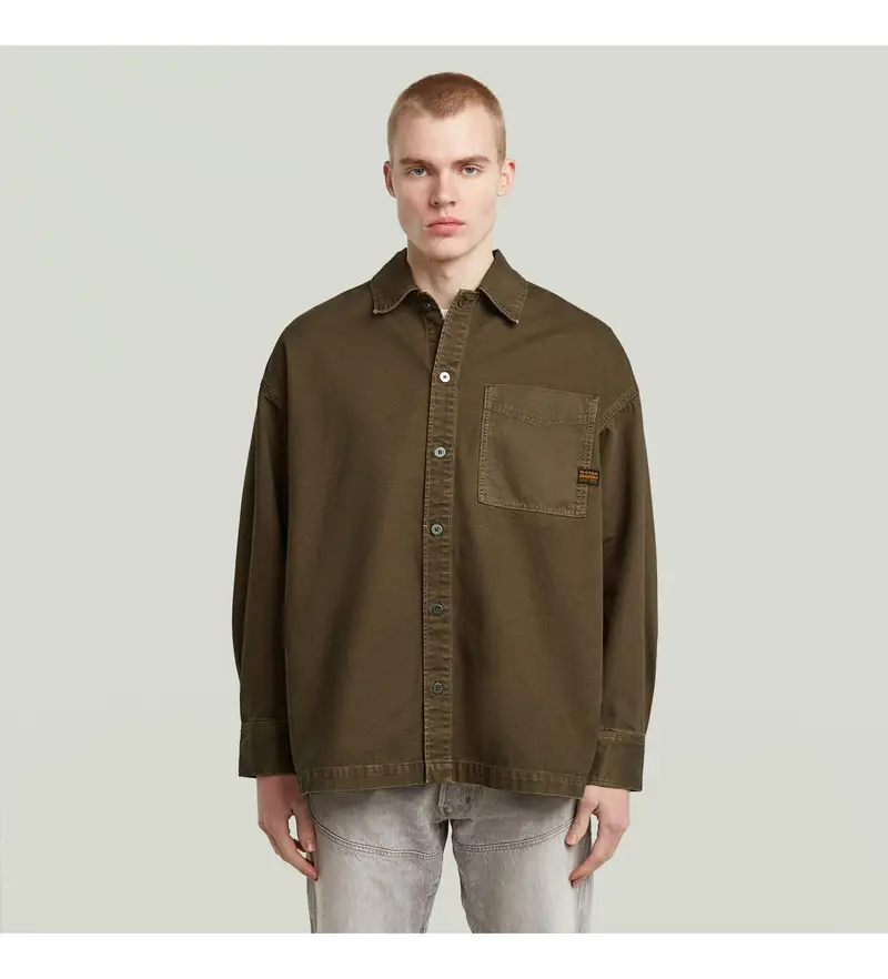 per uomo. D23007-D491-H159 Camicia oversize squadrata, marrone-verde (XS), Casual, Cotone, Manica lunga