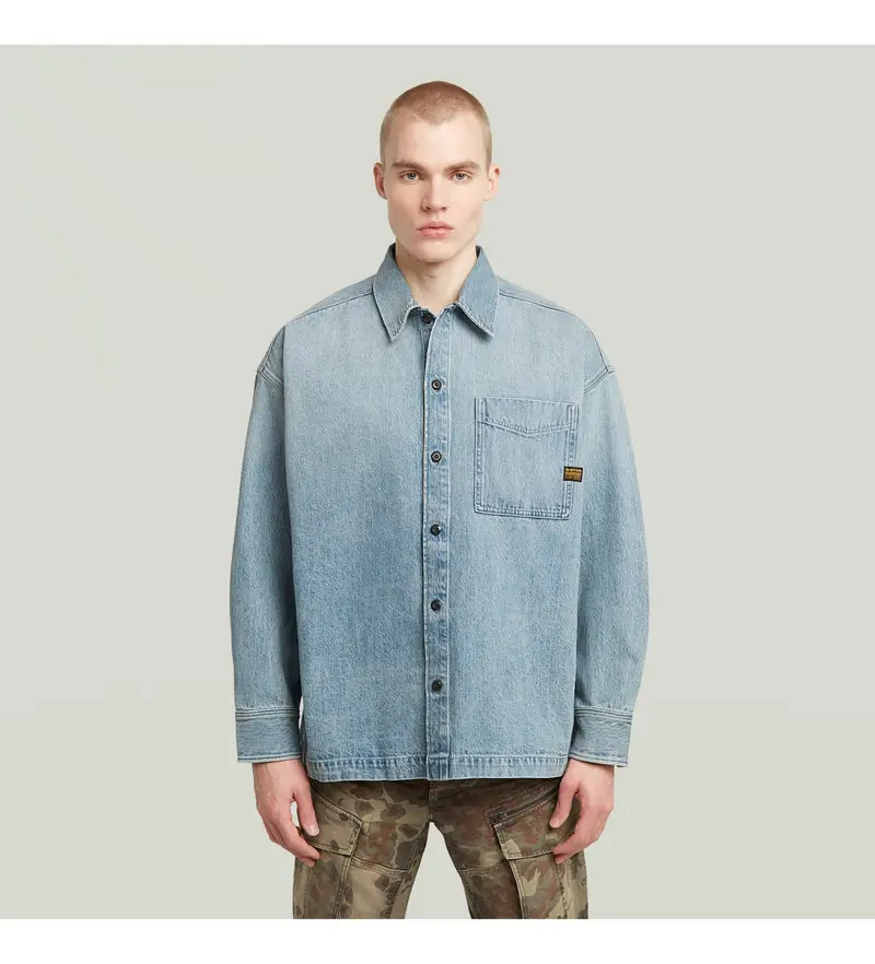 per uomo D23007-D788-H466 Camicia oversize blu squadrata (S), Casual, Cotone, Manica lunga