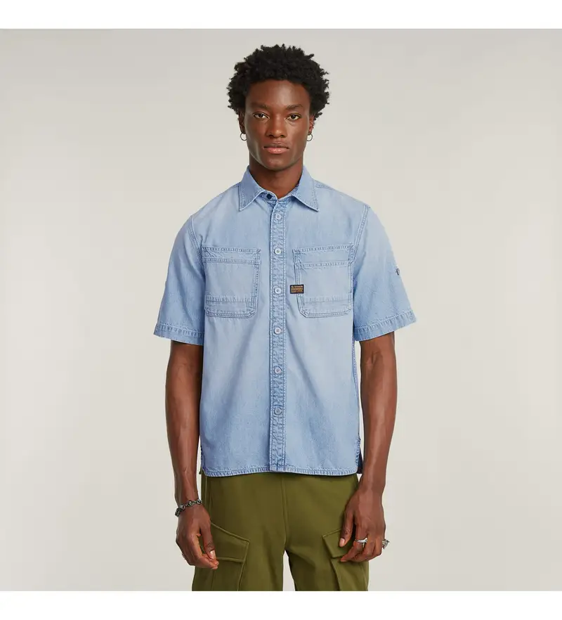 per uomo D24602-D539-G342 Camicia blu con doppia tasca inclinata (XS), Casual, Cotone, Manica corta