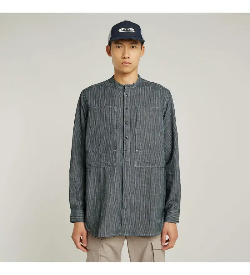 per uomo D26182-D915-5963 Camicia rilassata con colletto alla coreana e risvolto blu navy (M), Casual, Cotone, Manica lunga