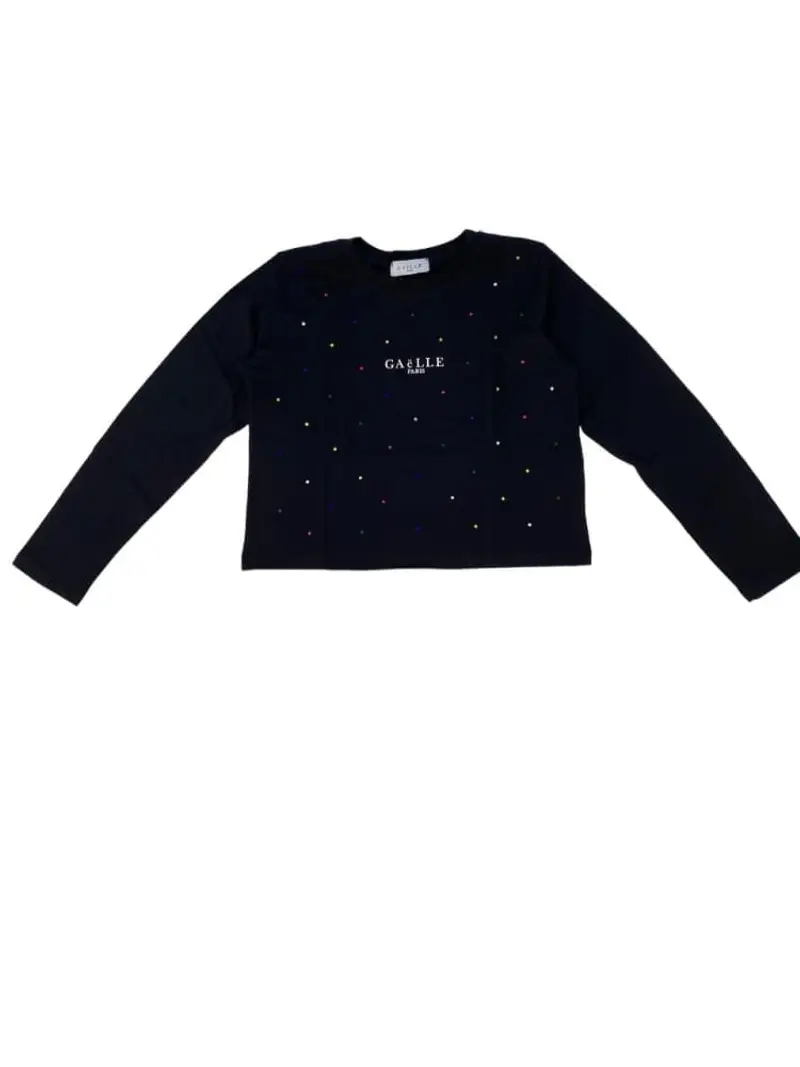 Gaelle tshirt nera bambina in cotone manica lunga con strass multicolor