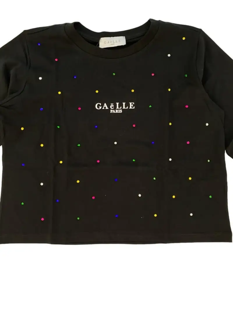 Gaelle tshirt nera bambina in cotone manica lunga con strass multicolor miniatura 2