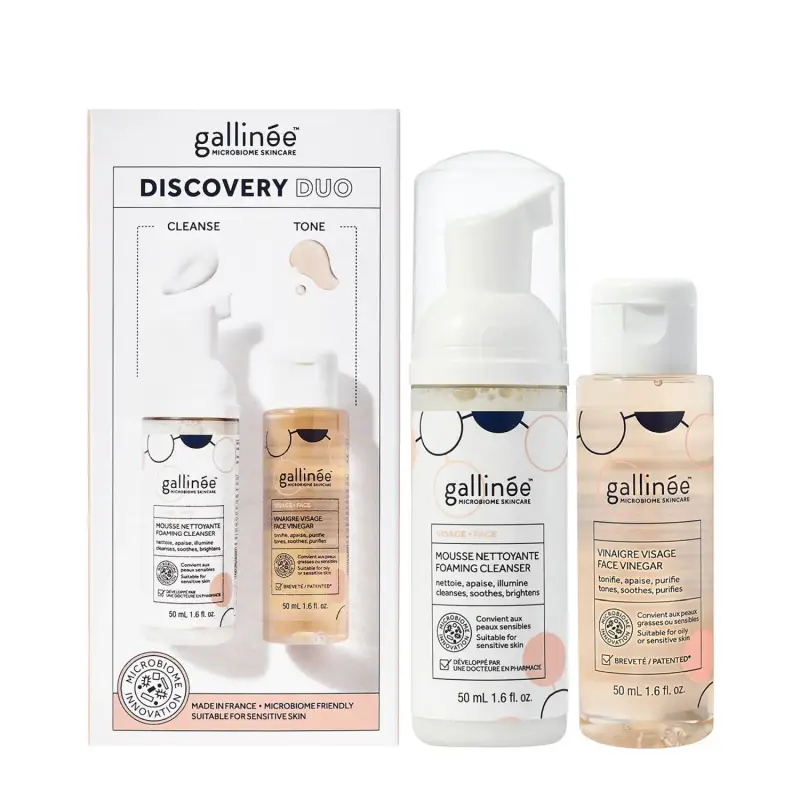 Duo Set Gallinee Microbiome Skincare, prebiotici e postbiotici, purificante, schiuma detergente, 50 ml +, prebiotici e postbiotici, lenitivo, lozione