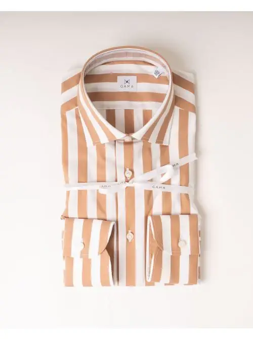 Camicia Riga Larga Cotone Fango Beige miniatura 2