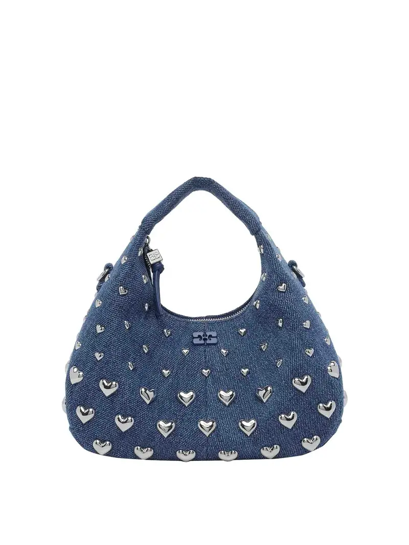 Borsa in denim Hobo Mini con borchie a cuore Blu