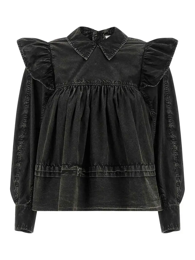 Camicetta con volant lavata nera Nero