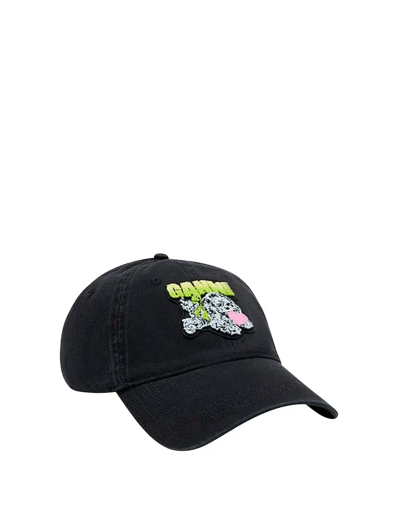 Cappello In Tela Con Visiera Stampa Cane Nero