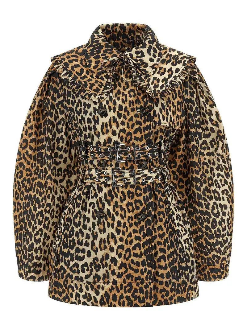 Trench corto in nylon duchesse leopardato Marrone
