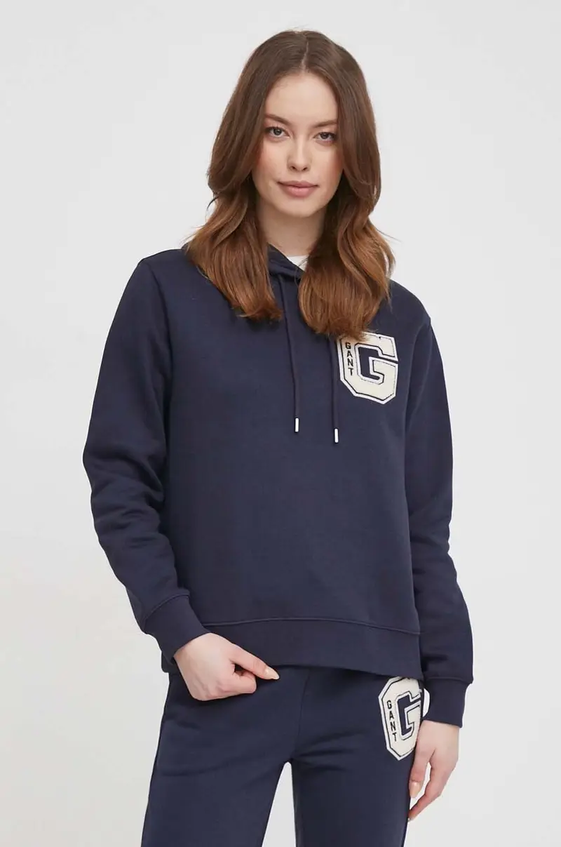 felpa donna colore blu navy con cappuccio con applicazione