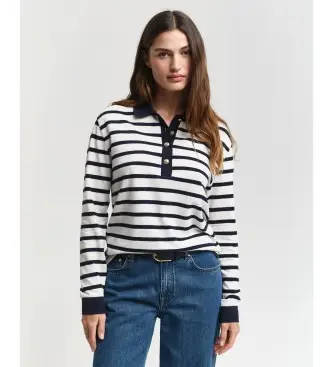 per donna 4200556 Polo in piqué a maniche lunghe a righe bretoni bianche e blu scuro (XS), Bianco, Casual, Cotone, Manica lunga, Navy