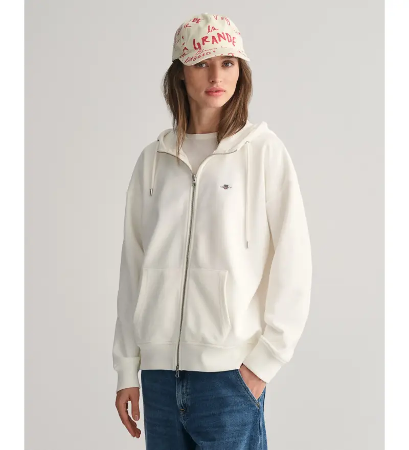 Gant Felpa con cappuccio e zip bianca per donna in cotone