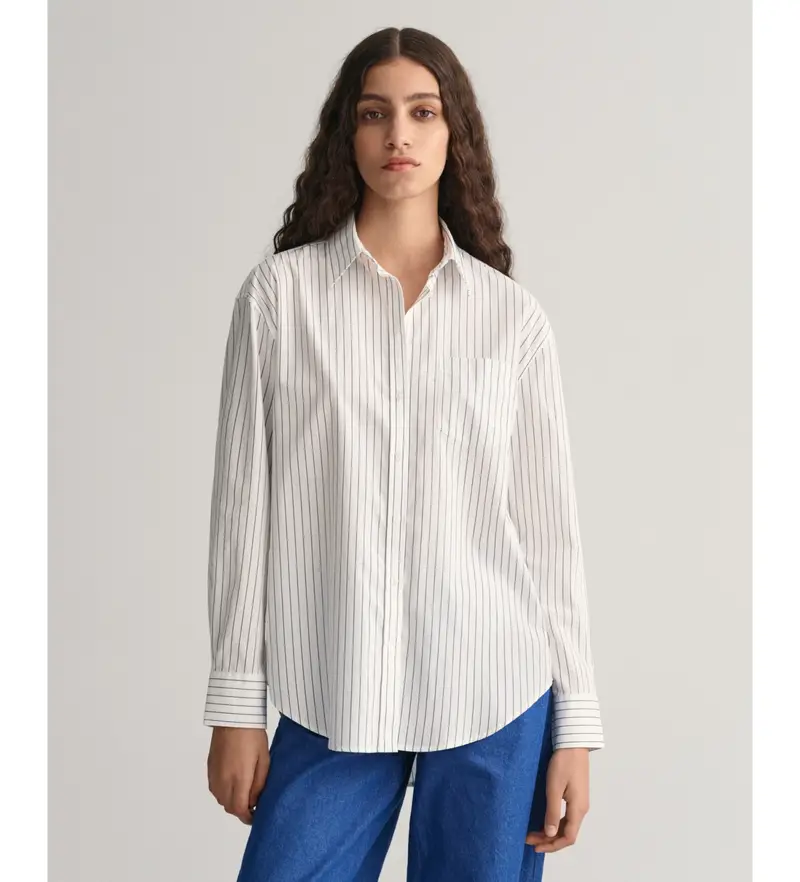 per donna 4300239 Camicia dalla vestibilità comoda in popeline a righe bianche (34), Bianco, Casual, Cotone, Manica lunga