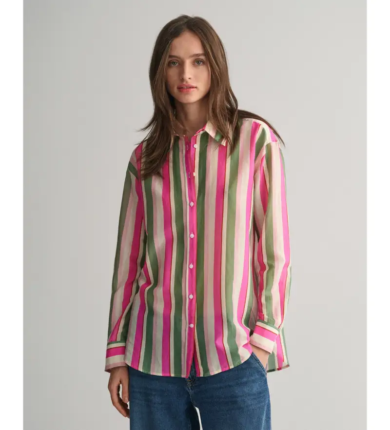 per donna. 4300349 Camicia dalla vestibilità comoda in cotone e seta a righe rosa (36), Casual, Manica lunga
