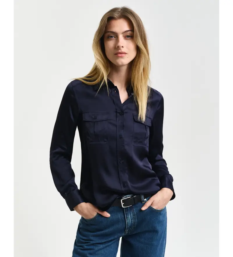 per donna 4300391 Camicia dalla vestibilità regolare con tasca blu scuro (34), Casual, Viscosa, Manica lunga, Navy