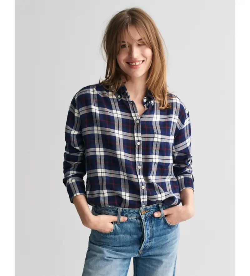 per donna 4300402 Camicia dalla vestibilità comoda in flanella a quadri blu scuro (34), Casual, Cotone, Manica lunga, Navy