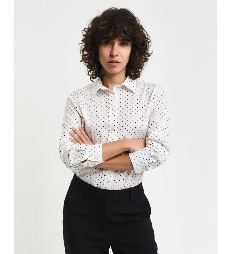 per donna 4300418 Camicia in garza di cotone dalla vestibilità regolare con stampa a pois bianchi (34), Bianco, Casual, Manica lunga