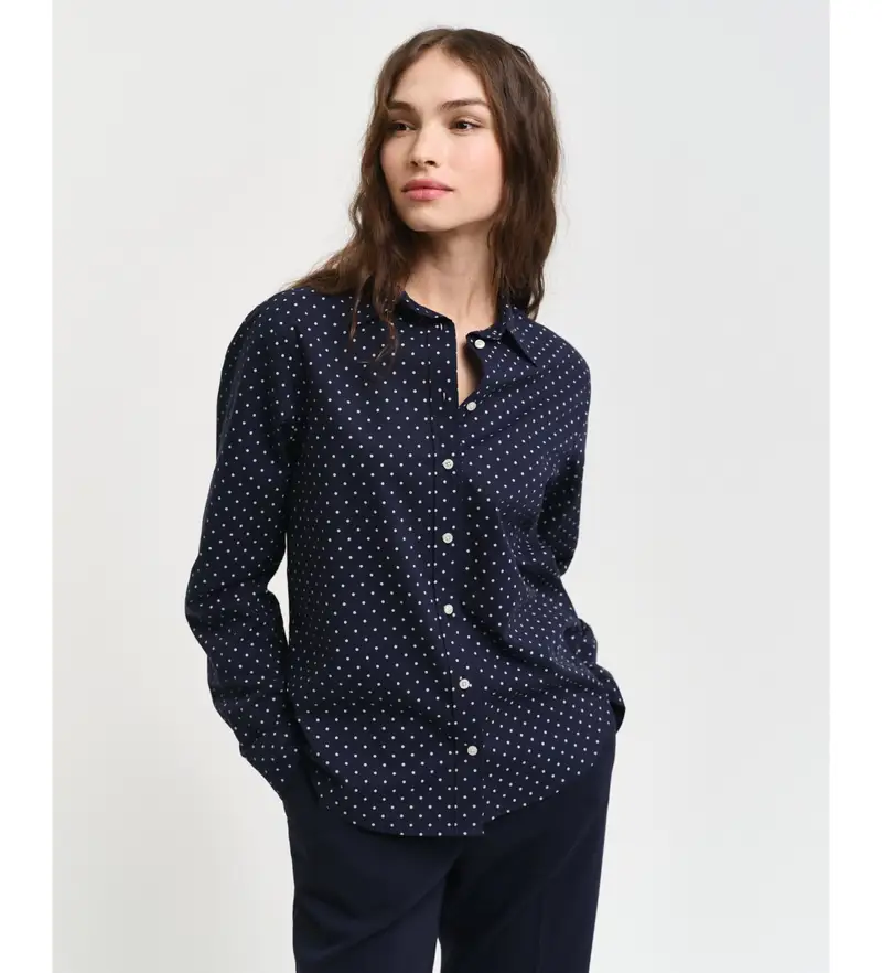 per donna 4300418 Camicia in voile di cotone dalla vestibilità regolare con stampa a pois blu scuro (34), Casual, Manica lunga, Navy