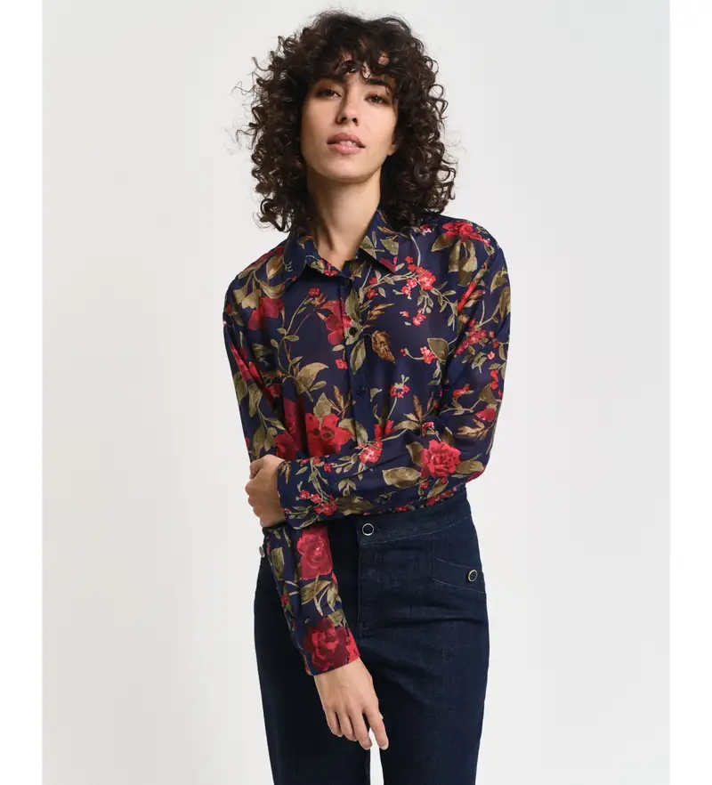 per donna 4300419 Camicia dalla vestibilità rilassata in seta e cotone con stampa di rose blu scuro (36), Casual, Manica lunga, Navy