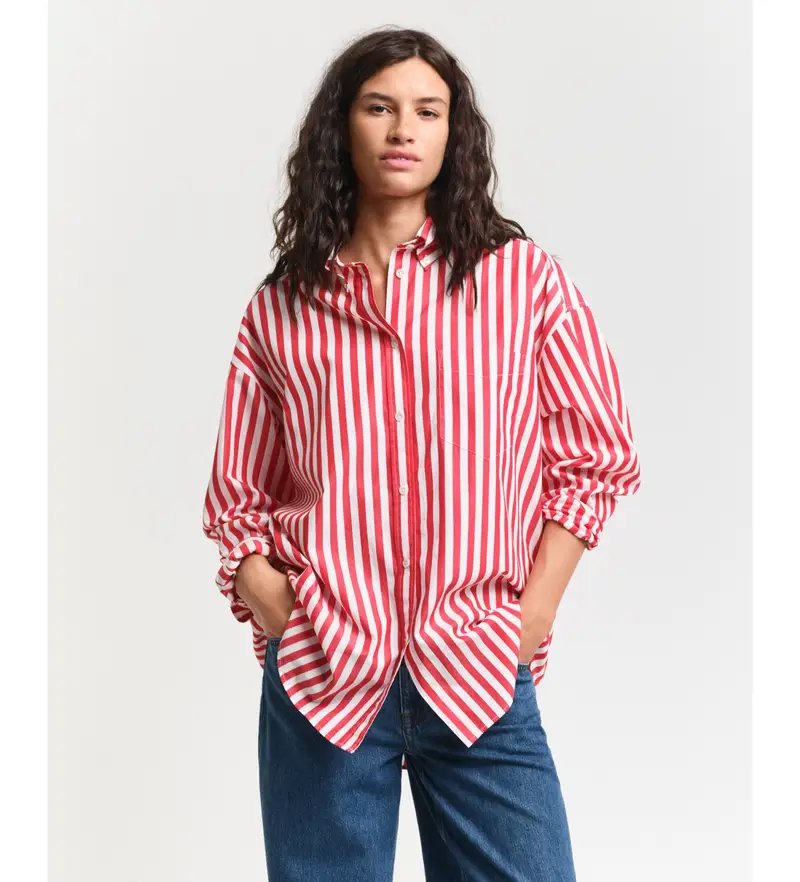 per donna. 4300430 Camicia classica in popeline a righe oversize rosse (34), Rosso, Casual, Cotone, Manica lunga