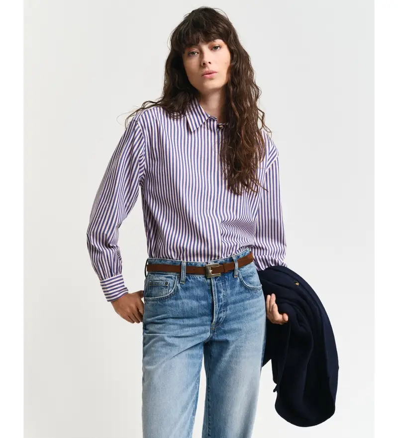 per donna 4300432 Camicia a righe con maniche voluminose Relaxed Fit bianca, blu (36), Bianco, Casual, Cotone, Manica lunga