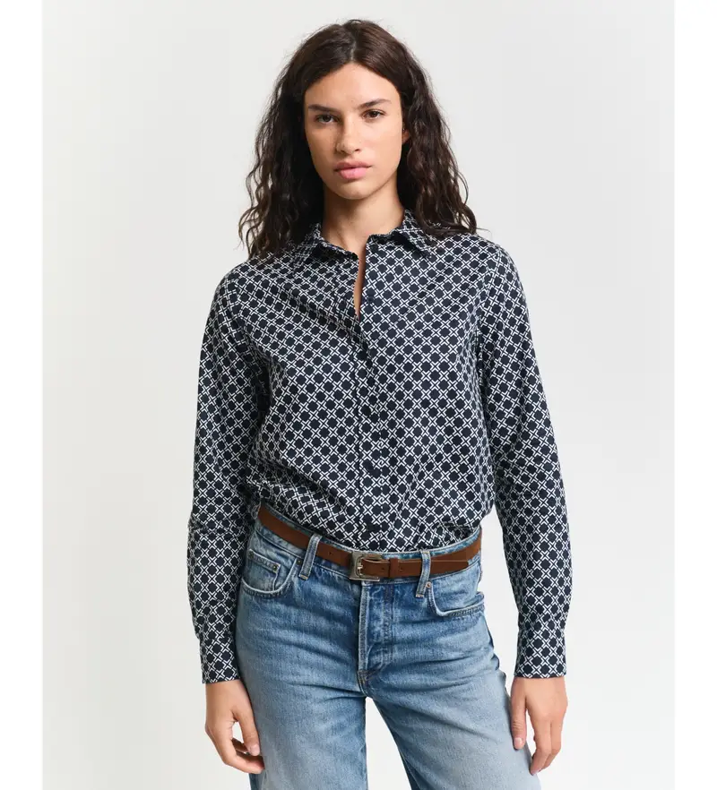 per donna 4300435 Camicia in garza di cotone dalla vestibilità regolare con stampa geometrica blu scuro (34), Casual, Manica lunga, Na