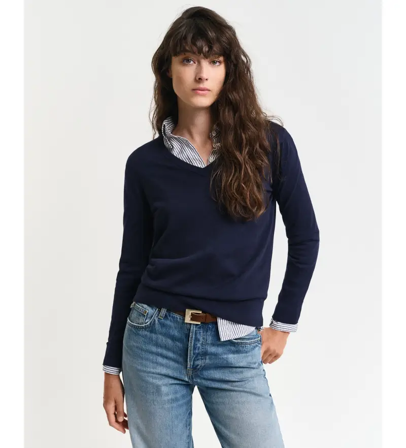 per donna 4800400 Maglione con scollo a V in maglia fine blu scuro (XS), Casual, Cotone biologico, Sostenibile, Navy