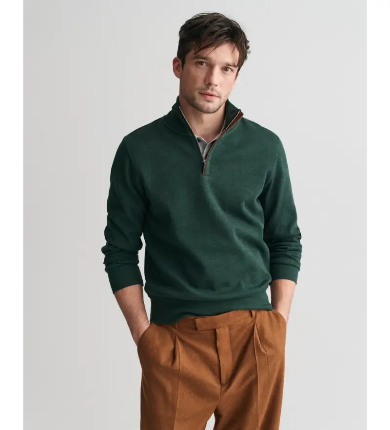 per uomo. 2068028 Felpa Sacker Rib con mezza zip in verde (M), Casual, Cotone